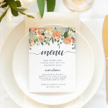 Carte de menu Floral du milieu de l'été<br><div class="desc">Le menu floral d'été affiche vos choix de dîners en calligraphie chic et en lettrage de bloc traditionnel,  accentué par une bordure supérieure de fleurs pastel aquarelle et feuillage dans les tons rose pâle,  pêche et vert sauge. Conçu pour correspondre à notre élégante collection de mariages floraux Midsummer.</div>