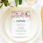Carte de menu Floral du milieu de l'été<br><div class="desc">Le menu floral d'été affiche vos choix de dîners en calligraphie chic et en lettrage de bloc traditionnel,  accentué par une bordure supérieure de fleurs pastel aquarelle et feuillage dans les tons rose pâle,  pêche et vert sauge. Conçu pour correspondre à notre élégante collection de mariages floraux Midsummer.</div>