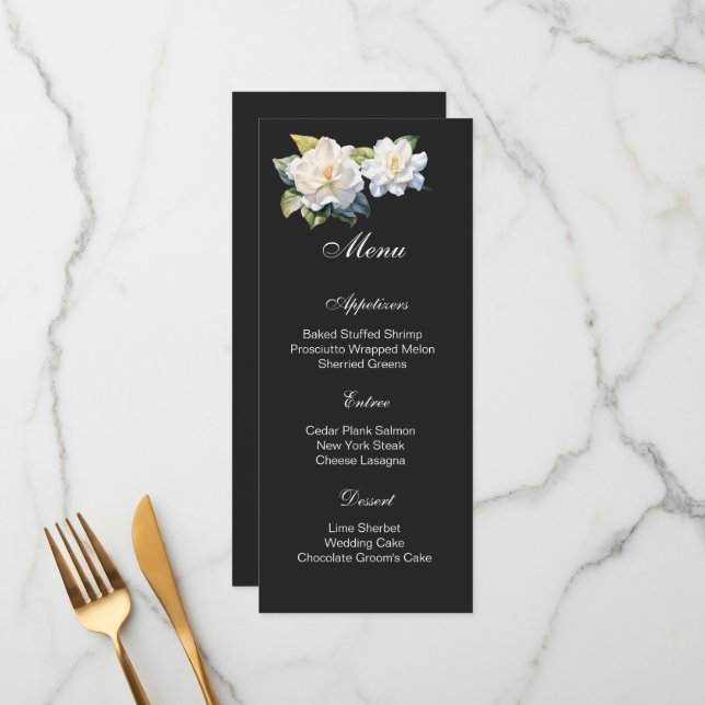 Carte de menu floral Gardenia (Devant/Arrière en situation)