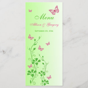 Carte de menu Floral Papillon vert rose