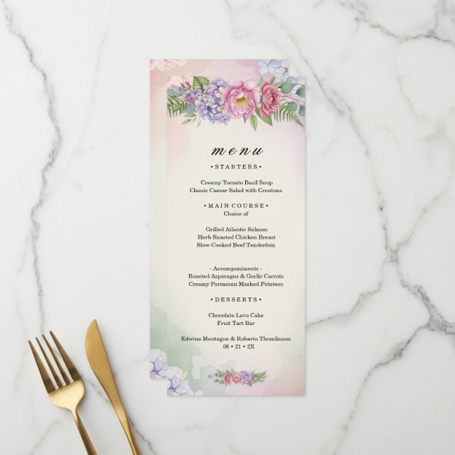 Carte de menu floral rose et violet vibrant (Devant/Arrière en situation)