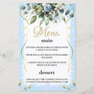 Carte de menu Floral Rustic Blue and Gold