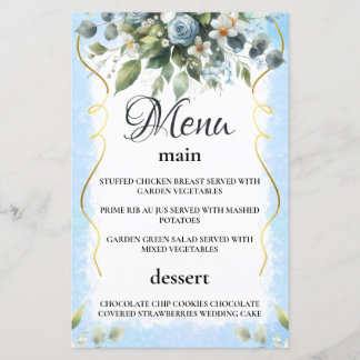 Carte de menu Floral Rustic Blue and Gold