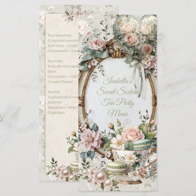 Carte de menu Floral Tea Party Sweet 16 (Devant / Derrière)