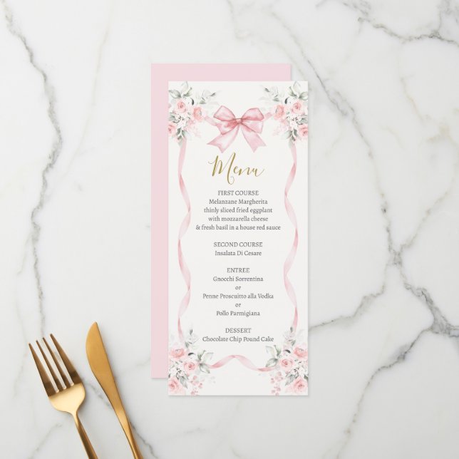 Carte de menu florale rose Love Shack (Devant/Arrière en situation)