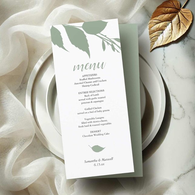 Carte de menu Foliage Mariage vert (Wedding menu card tea length minimalist sage green leaves by Victoria Grigaliunas Do Tell A Belle)