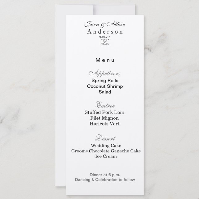 Carte de menu Glace Argentée pour Mariages & Galas (Devant)