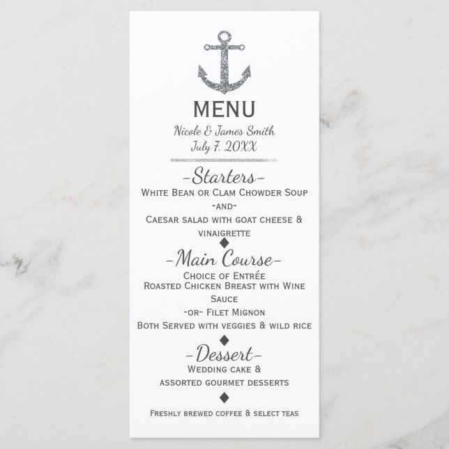 Carte de Menu Glamour Ancre Paillettes Argentées M (Devant)