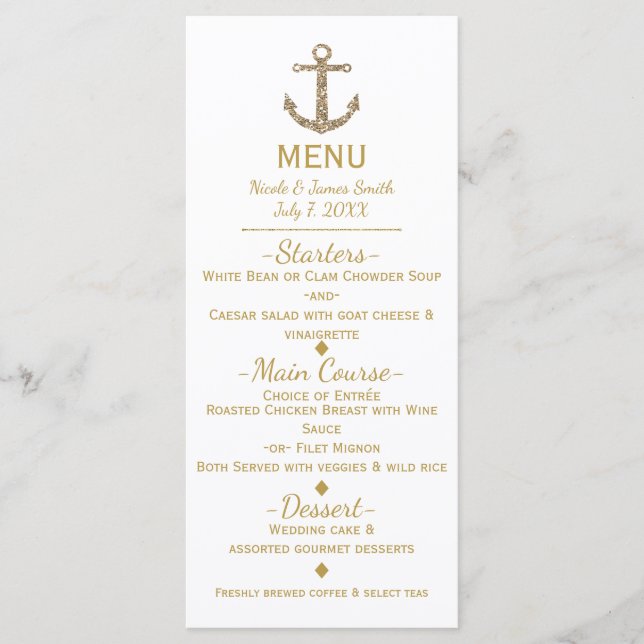 Carte de menu Glamour Ancre Paillettes Or Marin (Devant)