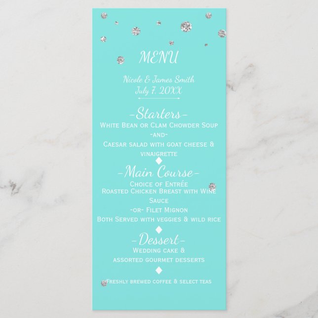 Carte de menu glamour bleu et argent faux paillett (Devant)
