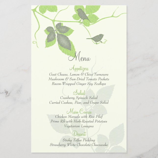 Carte de menu Green Grey Birds et Mariage Feuille (Devant)