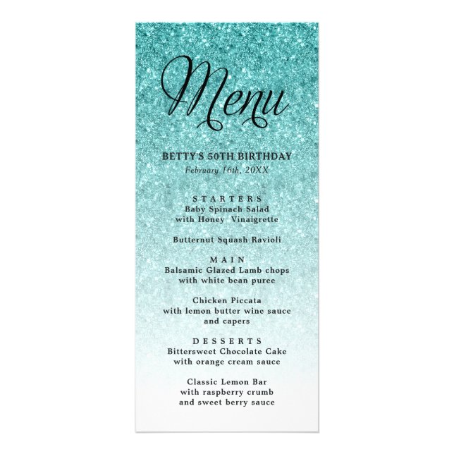Carte de menu haute Parties scintillant bleu Aqua (Devant)