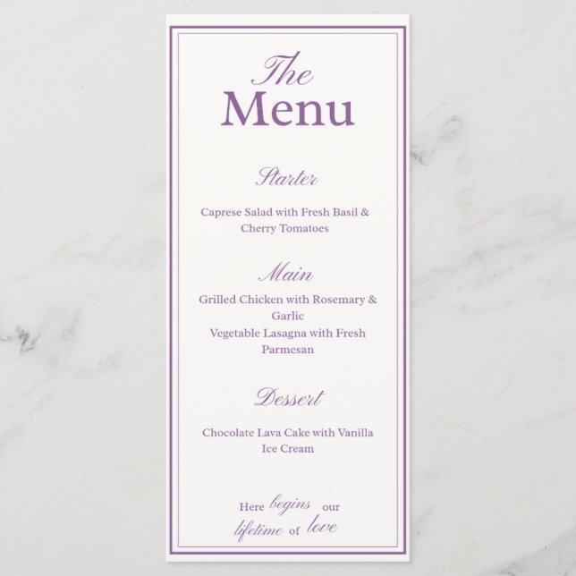Carte de menu lavande lilas, mariages, dîner (Devant)