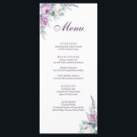 Carte de menu Lavender Purple Mariage<br><div class="desc">Cette carte de menu mariage lavande-violet présente des pivoines d'aquarelle blanche et violette,  de la lavande,  des formes géométriques et une élégante typographie moderne. Idéal pour un mariage extérieur. Trouvez les articles correspondants dans Lavender Purple Floral Mariage Collection.</div>