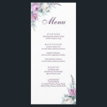 Carte de menu Lavender Purple Mariage<br><div class="desc">Cette carte de menu mariage lavande-violet présente des pivoines d'aquarelle blanche et violette,  de la lavande,  des formes géométriques et une élégante typographie moderne. Idéal pour un mariage extérieur. Trouvez les articles correspondants dans Lavender Purple Floral Mariage Collection.</div>