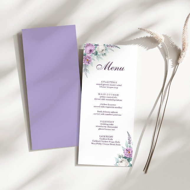 Carte de menu Lavender Purple Mariage (Lavender Purple Wedding Menu Card on a sunny white dry palm leaf.)