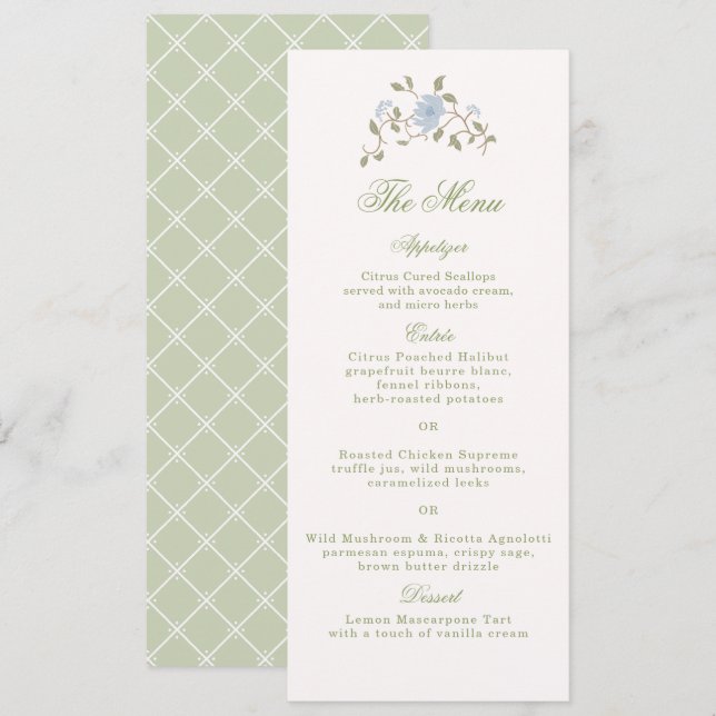 Carte de menu longue et haute mariage floral chint (Devant / Derrière)