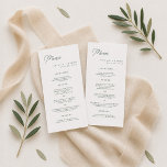 Carte de menu longue pour mariage minimaliste vert<br><div class="desc">Tendance de menu long pour mariage vert botanique pour une réception de jardin au printemps et en été, ce design minimaliste élégant mélange une esthétique botanique fraîche pour les couples modernes à la recherche d'une décoration de table légère et raffinée. Conçu avec une typographie verte sur une base blanche épurée,...</div>