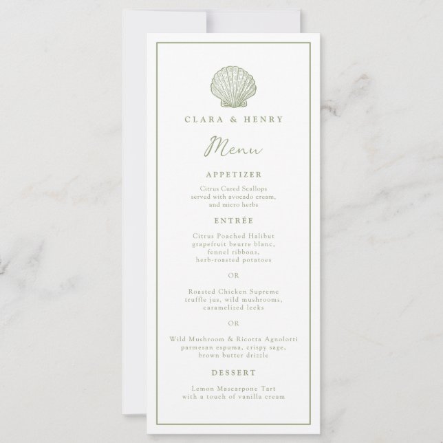 Carte de menu longue vert sauge pour mariage côtie (Devant)