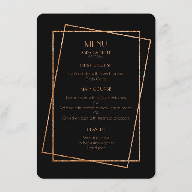 Carte de menu mariage à cadre d'art déco noir et o (Devant)