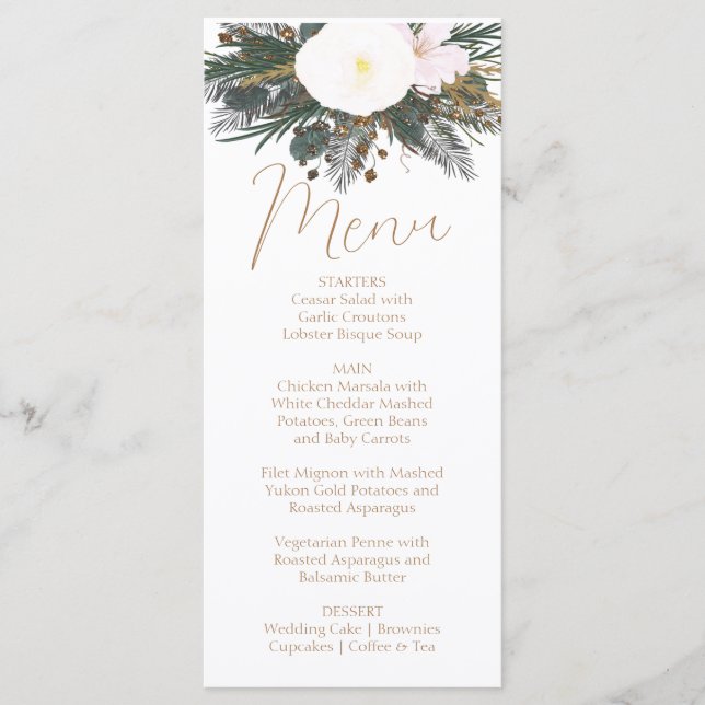 Carte de menu Mariage À feuillage persistant hiver (Devant)