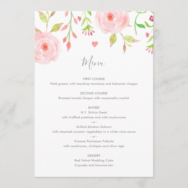 Carte de menu Mariage à fleurs sucrées en rose et  (Devant)