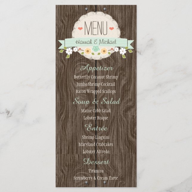 Carte de menu Mariage à la menthe verte rustique (Devant)