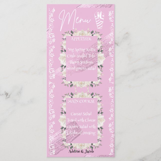 Carte de menu mariage à script floral rose (Devant)