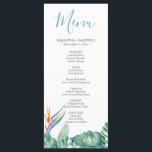 Carte de menu Mariage à thème floral tropical<br><div class="desc">Donnez le ton pour votre dîner de répétition, votre fête de fiançailles ou votre fête de destination avec cette carte de menu élégante pour dîner, conçue pour compléter un thème tropical mariage. Doté d'oeuvres originales d'aquarelle de feuilles de palmiers monstères et d'un oiseau de paradis vivant, ce design minimaliste apporte...</div>