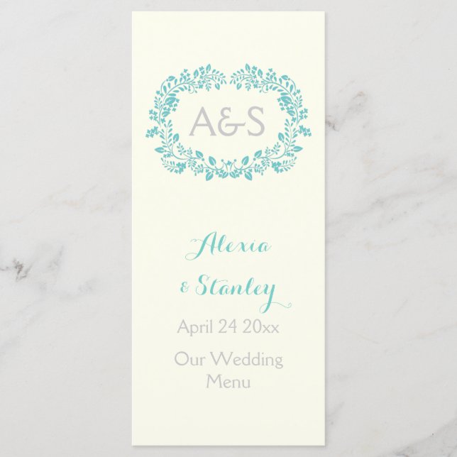 Carte de menu mariage Aqua blue feuillage frame (Devant)