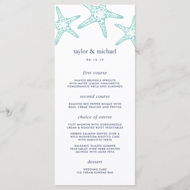 Carte de menu Mariage Aqua & Navy Starfish (Devant)