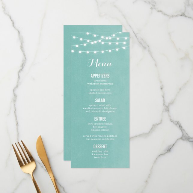 Carte de menu Mariage Aqua String Lights (Devant/Arrière en situation)