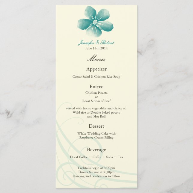 Carte de menu Mariage Aqua Watercolor (Devant)