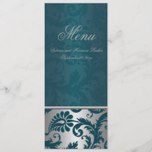 Carte de menu Mariage Argent et Turquoise Damask I