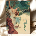 Carte de menu Mariage Art Nouveau de la nuit paris<br><div class="desc">Transportez vos invités mariages à la romance d'une nuit parisienne avec cette carte à la carte d'inspiration Art Nouveau. Avec une scène élégante dans une soirée animée en plein air, cette carte capte l'essence du charme vintage et du raffinement. La femme en robe gracieuse, mise en valeur par un éclairage...</div>