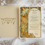 Carte de menu Mariage Art Nouveau Mucha Elegance<br><div class="desc">Venez passer une journée inoubliable grâce à l'élégance intemporelle de notre carte de menu Mariage inspirée de l'Art Nouveau, qui reflète le style emblématique d'Alphonse Mucha. Cette carte de menu est un chef-d'oeuvre de couleurs harmonieuses et de lignes sinueuses, capturant l'essence du mouvement artistique du début du siècle qui célébrait...</div>