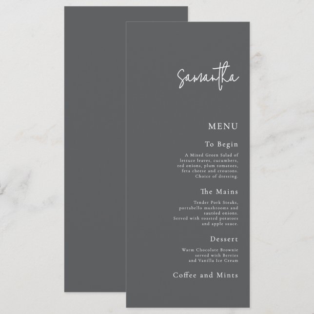 Carte de menu mariage avec nom d'hôte Gris (Devant / Derrière)