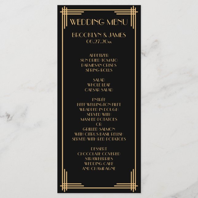 Carte de menu Mariage Black Gold Great Gatsby Art  (Devant)