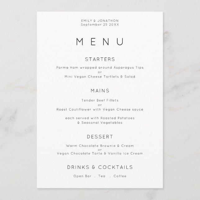 Carte de menu Mariage blanc BlacK (Devant)