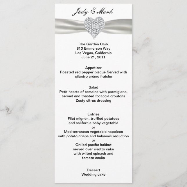 Carte de menu Mariage blanc Diamond Heart (Devant)