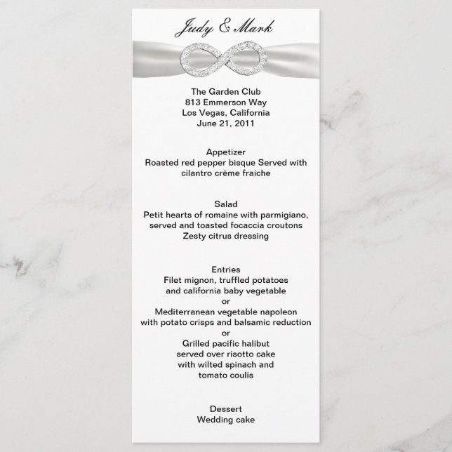 Carte de menu Mariage blanc Diamond Infinity (Devant)