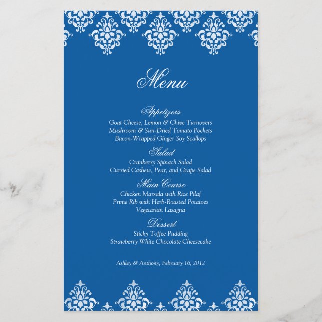 Carte de menu Mariage bleu blanc Damask Arabesque (Devant)