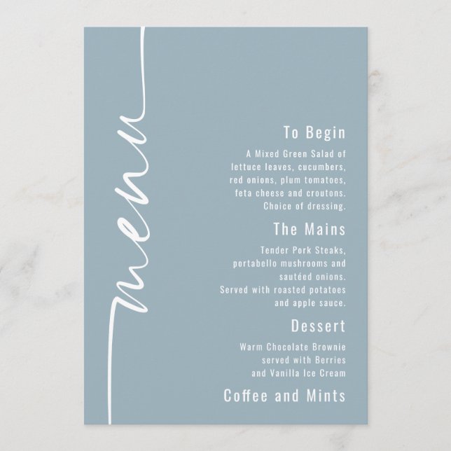 Carte de menu Mariage bleu dusty texte pivoté (Devant)