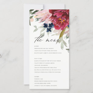 Carte de menu Mariage bleu Floral rouge Bourgogne
