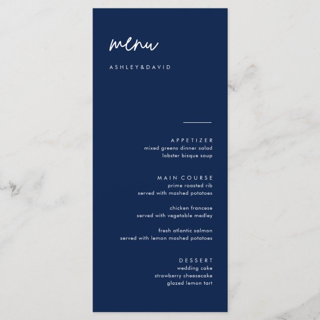 Carte de menu Mariage bleu marine moderne (Devant)