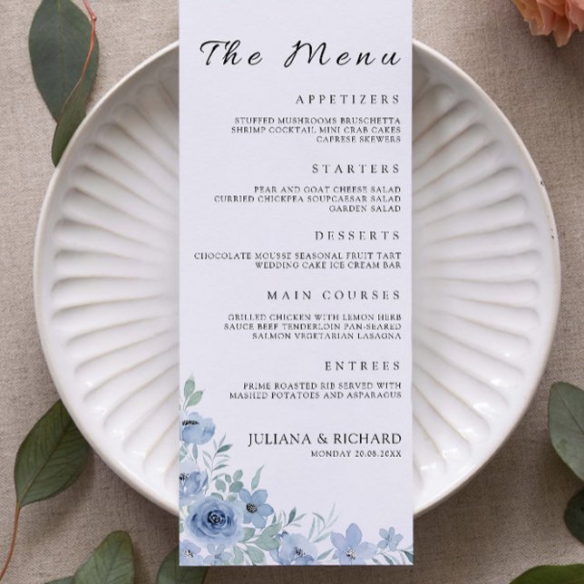 Carte de menu Mariage bleu Modèle (Blue Wedding Menu Cards Template)
