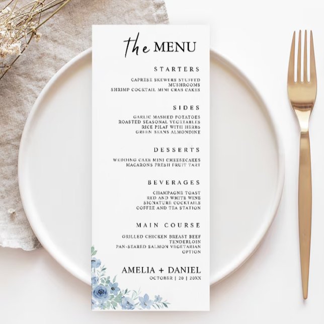 Carte de menu Mariage bleu Modèle (Blue Wedding Menu Cards Template)
