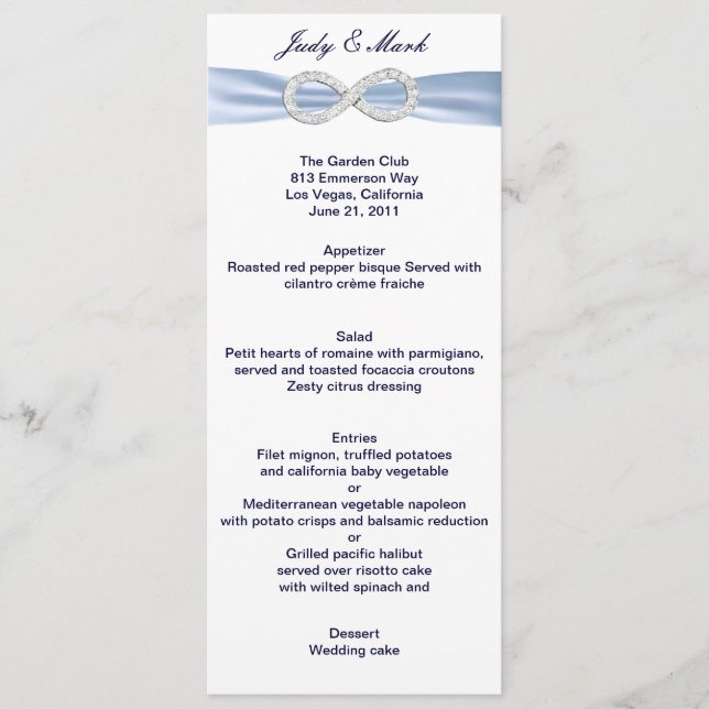 Carte de menu Mariage Blue Diamond Infinity (Devant)