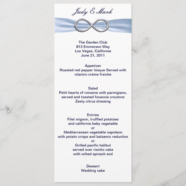 Carte de menu Mariage Blue Infinity (Devant)
