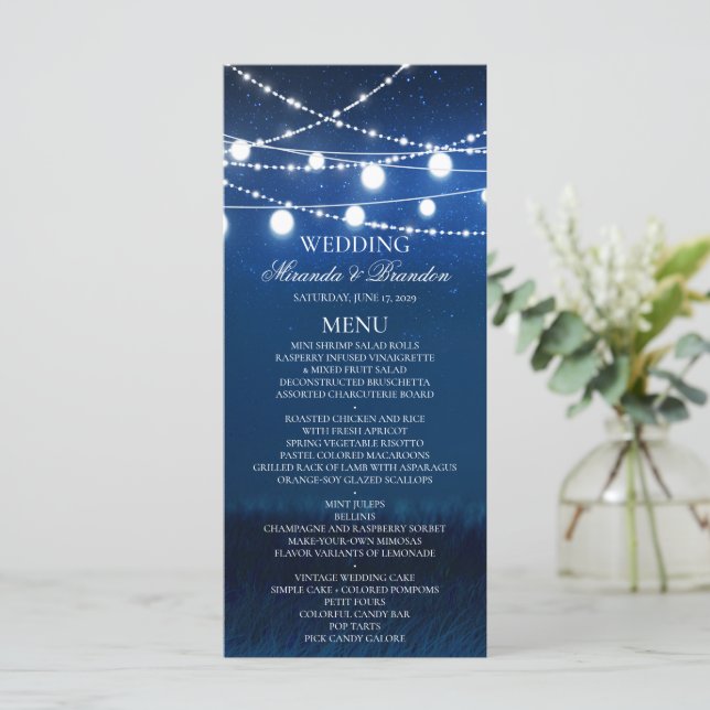 Carte de menu Mariage Blue Night et Silver Lights (Debout devant)